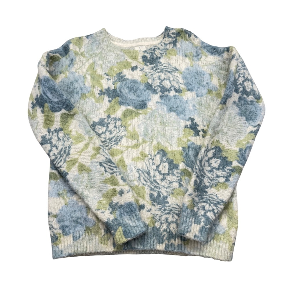 New Joie Floral Print Mohair Wool Blend Sweater Women's XS Blue Green Cream